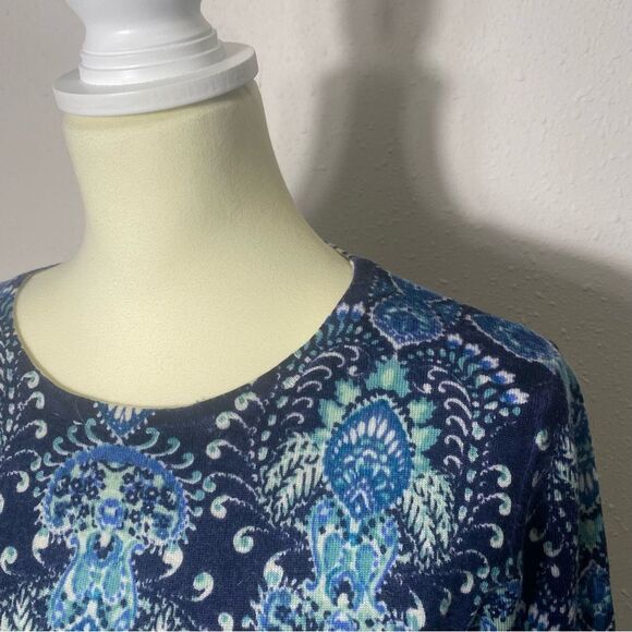 Garnet Hill 100% Merino Wool Blue Paisley Print Crewneck Sweater Women's Size S - Picture 7 of 15
